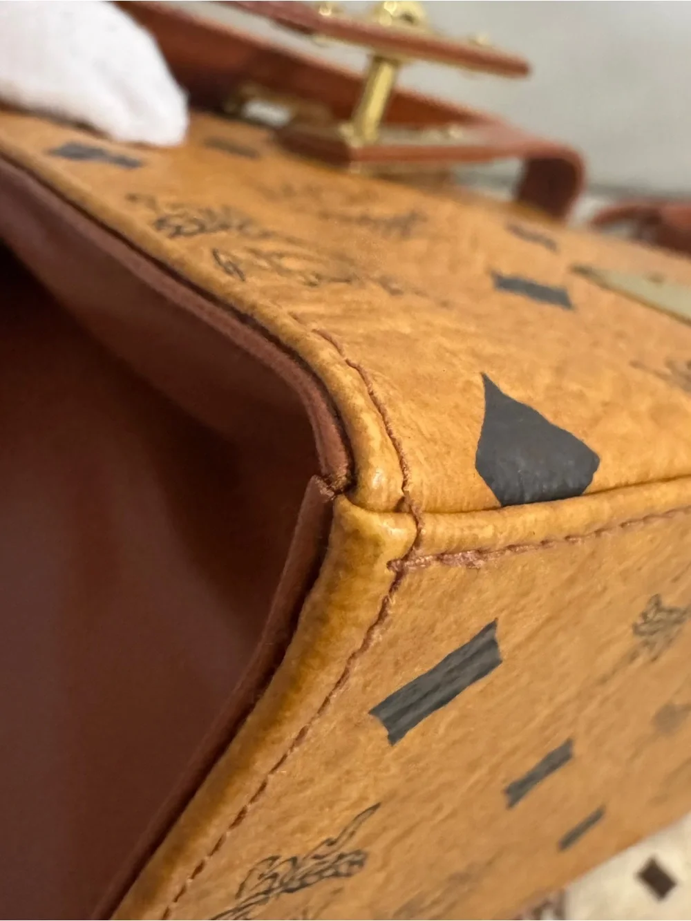 MCM Brown Kelly Cognac Visetos Top Handle Satchel with Gold Hardware